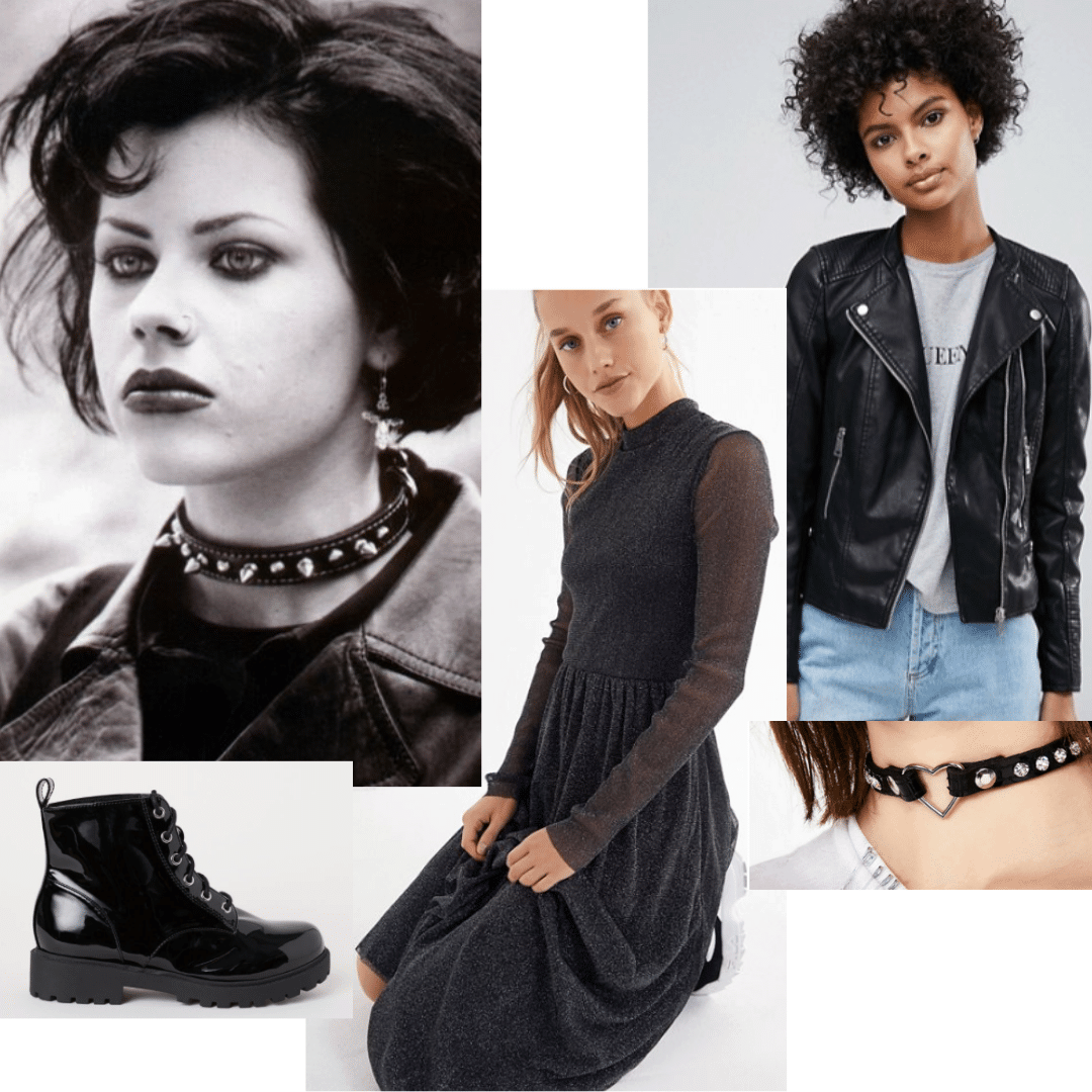 Outfit inspired by nancy from The Craft with black dress, black moto jacket, black combat boots, black leather choker