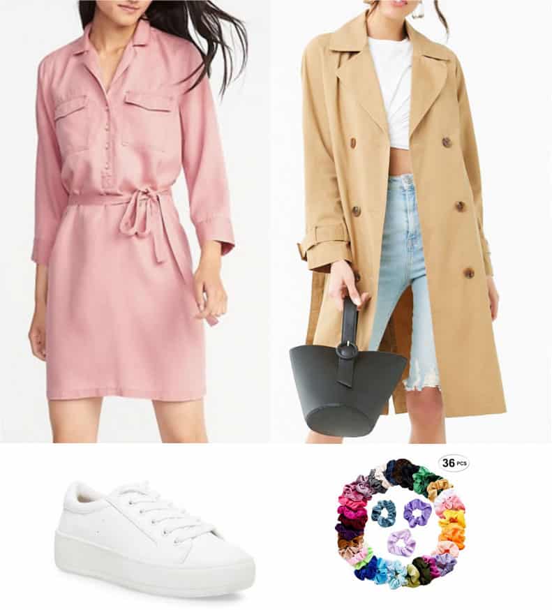 Newsroom betty cooper outfit - pink dress, trench coat, white sneakers, scrunchie