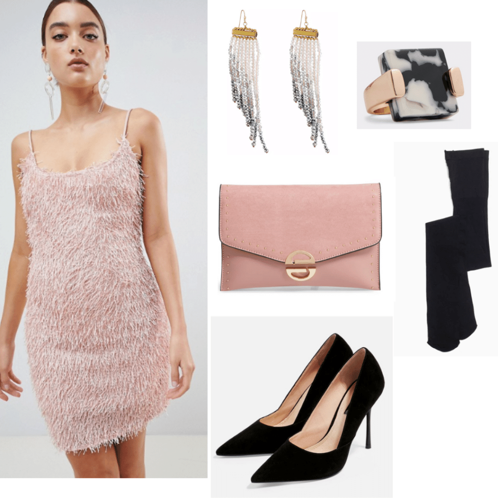 Factory girl style: Outfit inspired by Edie Sedgwick with pink fringe dress, pink clutch, black pointed toe heels, dangly earrings, black tights