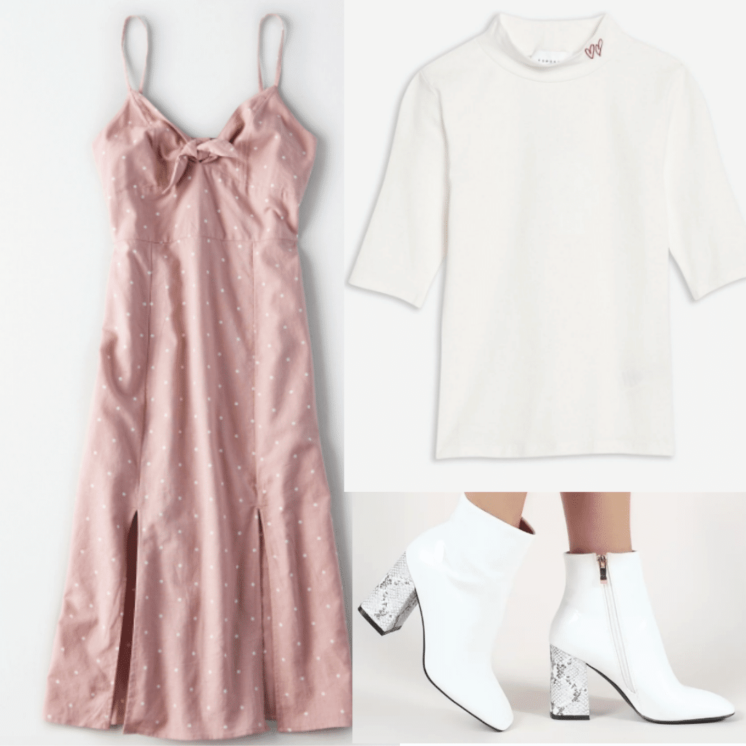 How to layer turtlenecks under any outfit: Pink dress, white turtleneck, white boots