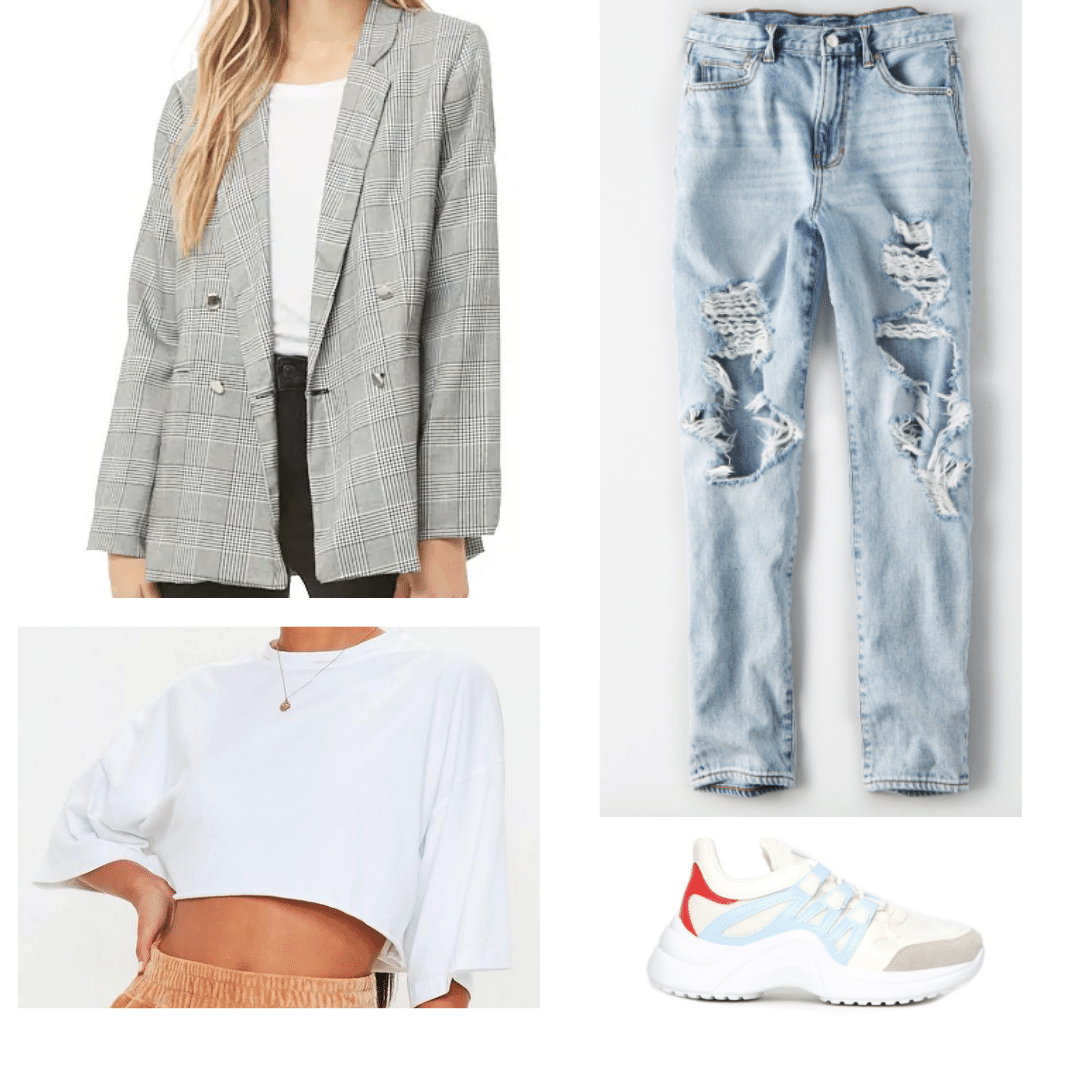 How to wear a plaid boyfriend blazer: Outfit with ripped jeans, cropped tee shirt, and dad sneakers