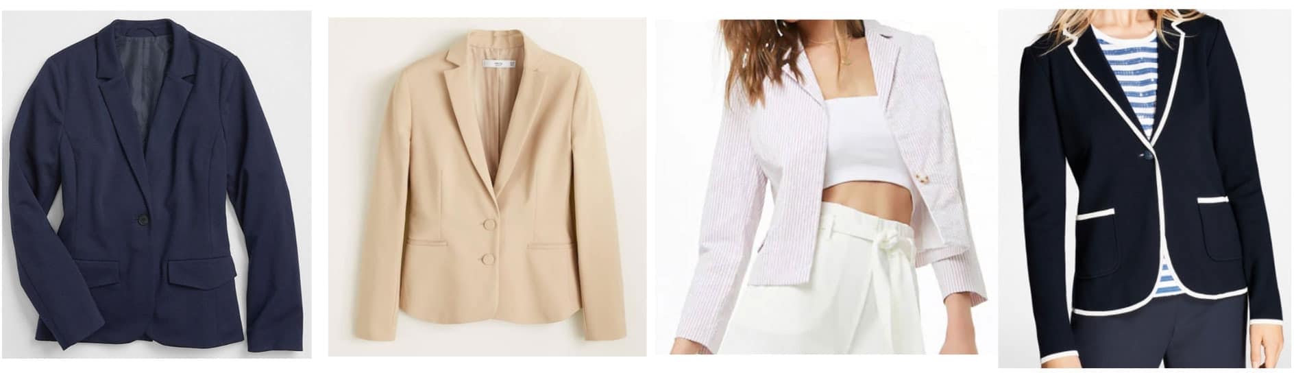 Preppy style - blazers: Navy blazer, camel blazer, pastel blazer, black and white piped blazer