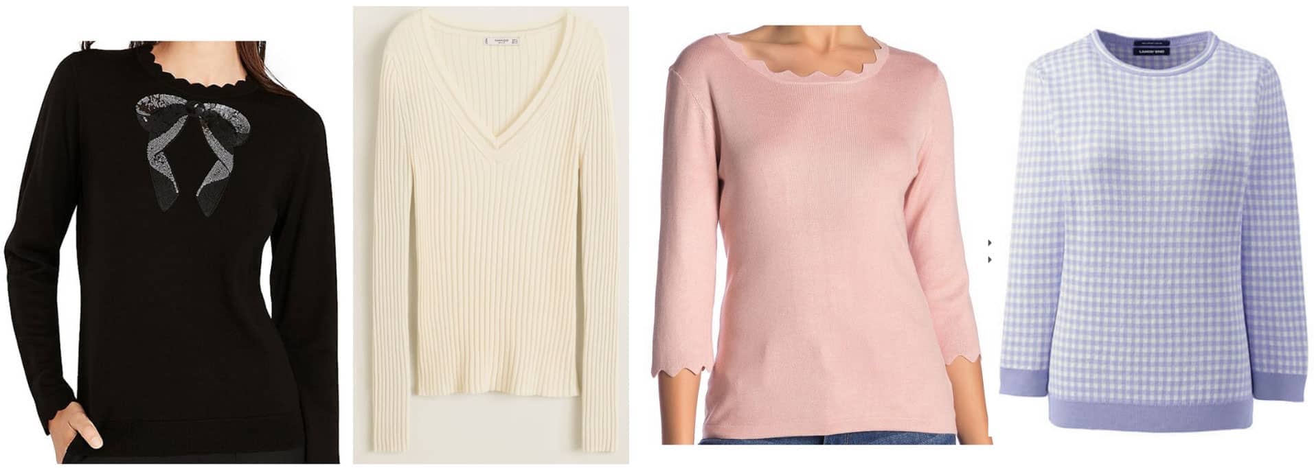 Preppy style guide: Thin sweaters -- black sweater, cream v-neck, scalloped sweater, pastel sweater