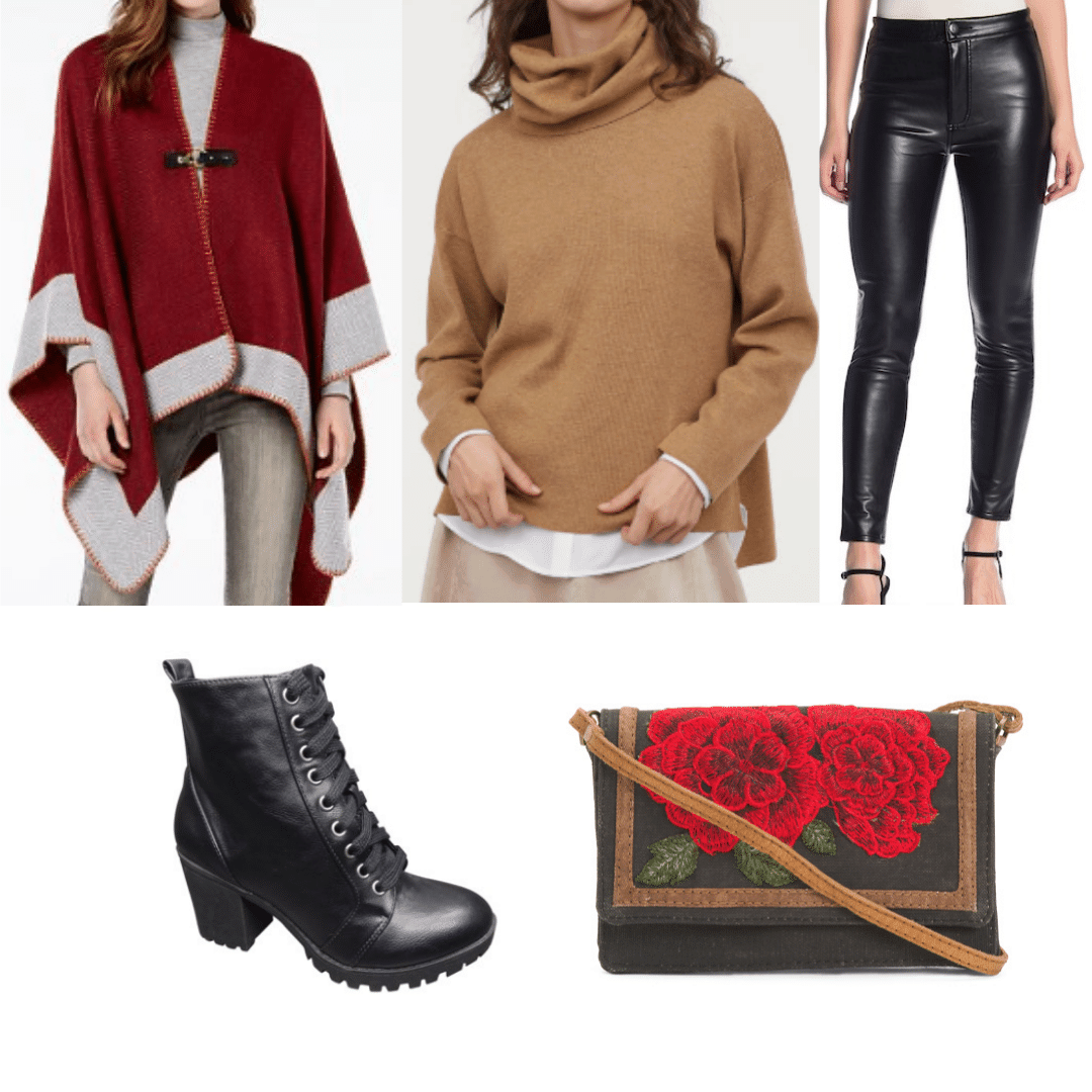 What to wear in Russia during the day: Outfit idea with poncho, turtleneck, faux leather pants, lace up boots, crossbody bag