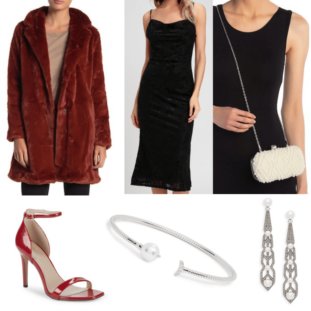 What to wear for a night out in Russia: Outfit idea with faux fur coat, black dress, crossbody bag in cream, strappy red heels, silver jewelry