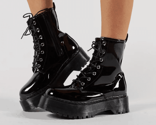 Chunky platform lace up ankle boots in black patent leather