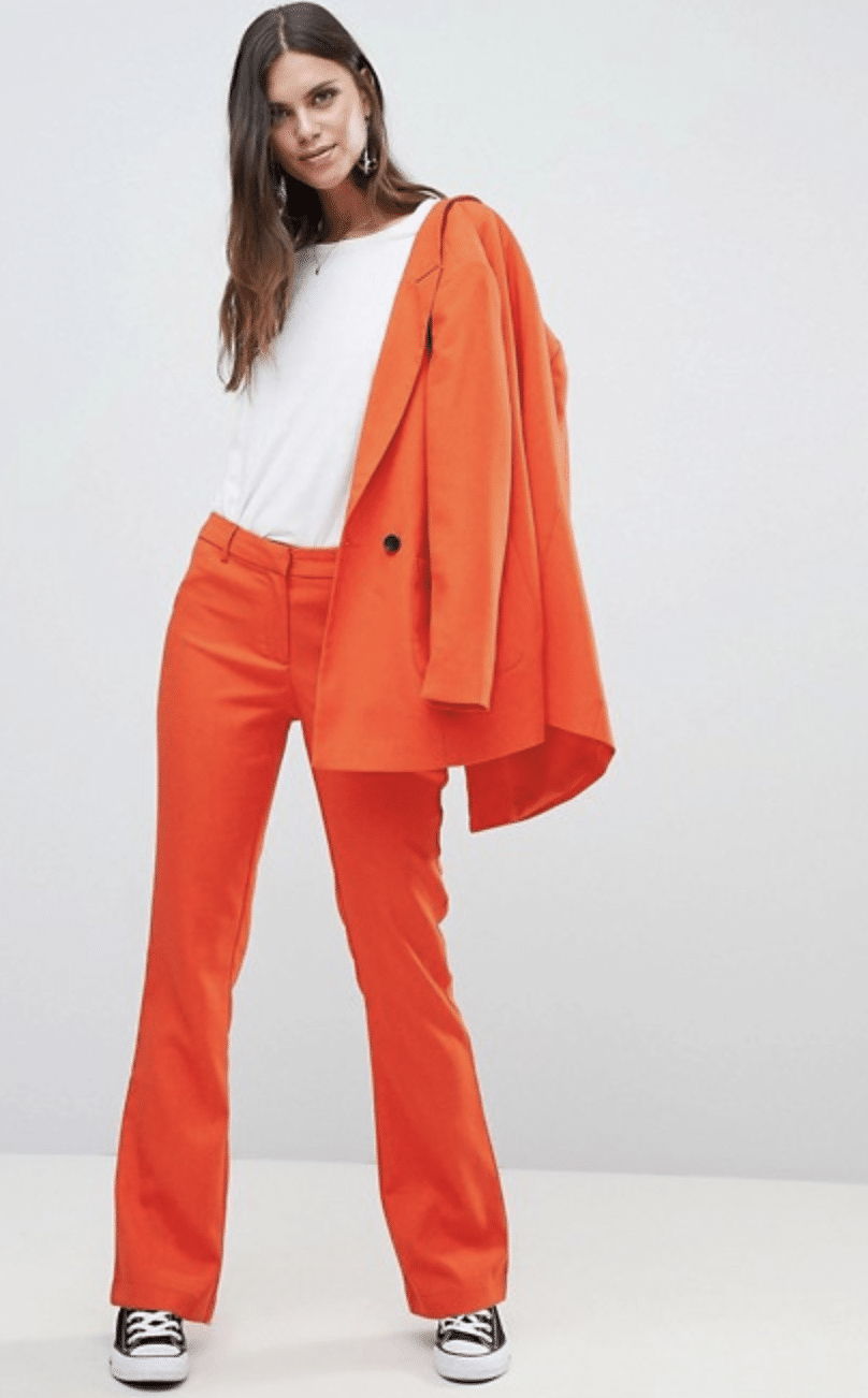 How to wear neon: Neon orange suit with pants and blazer