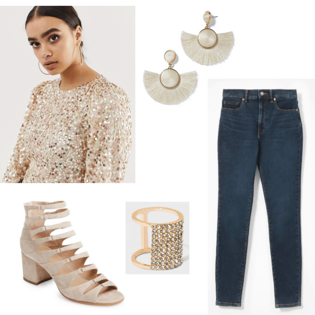 Factory Girl style: Sequin top, skinny jeans, gold earrings, gold ring, suede heels with buckles