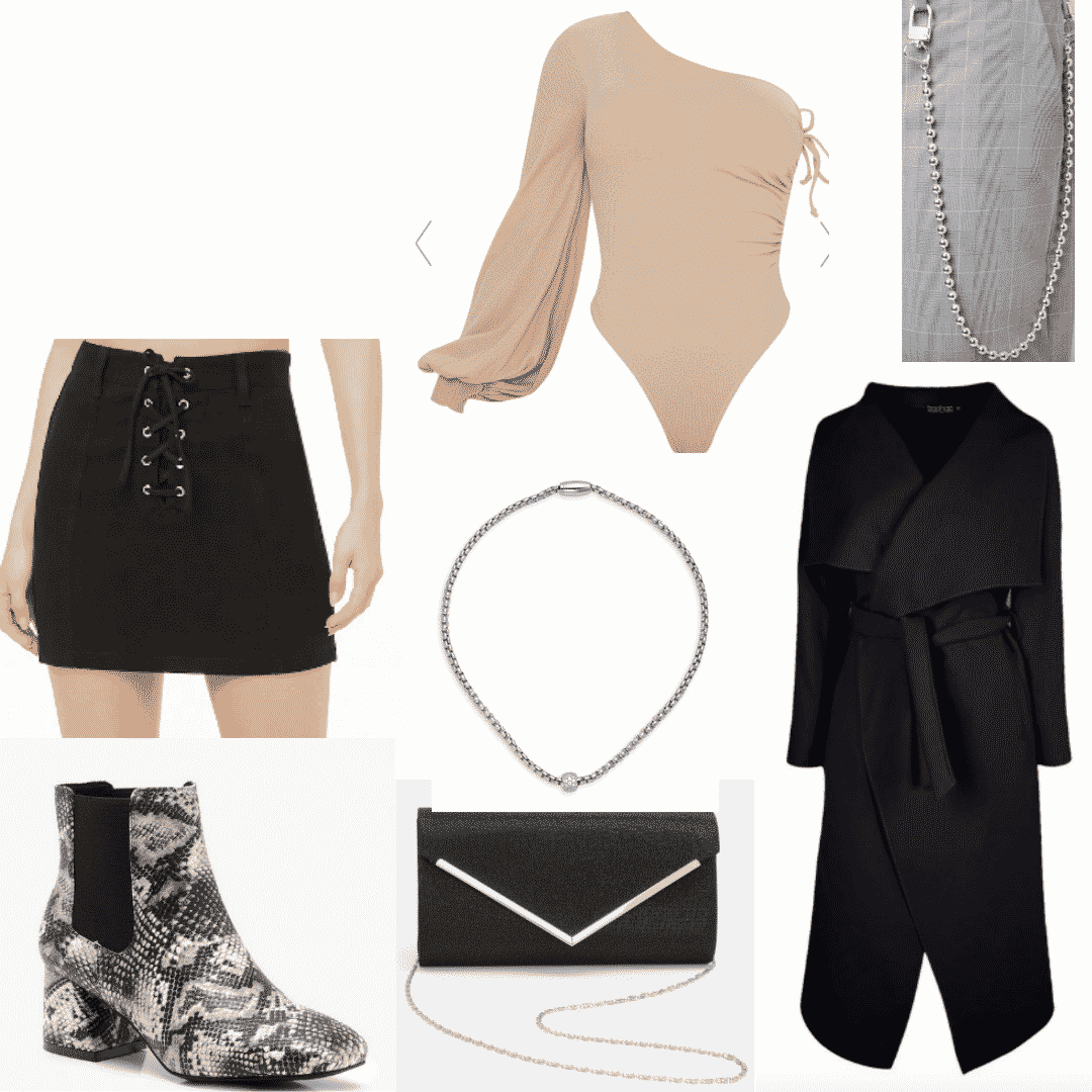 Snakeskin boots outfits -- cute outfit with one shoulder bodysuit, necklace, lace-up skirt, snakeskin ankle boots