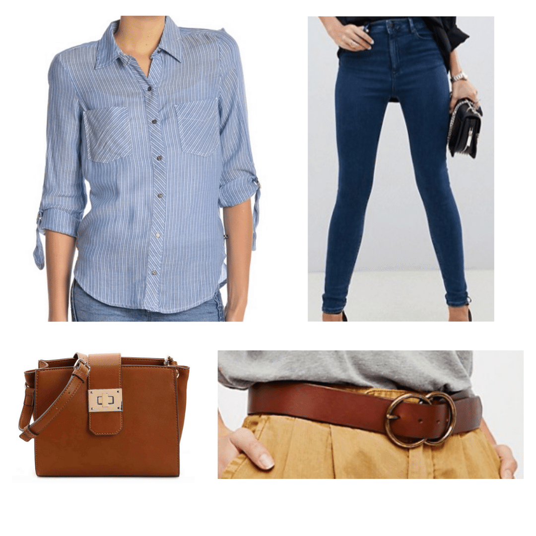 What to wear in St Petersburg Russia: Outfit with light blue button down shirt, dark wash jeans, brown belt, brown bag