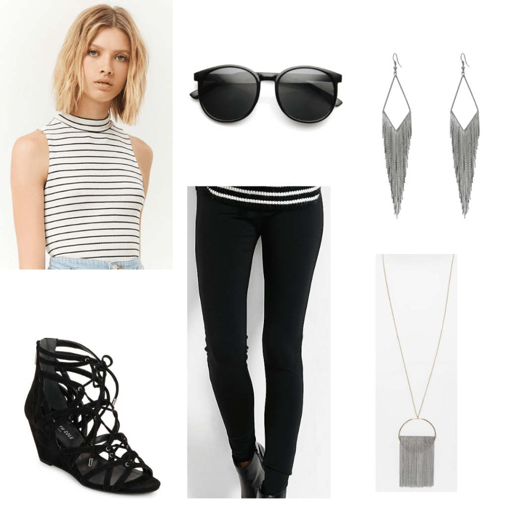 Factory Girl style: Outfit inspired by Edie Sedgwick with black pants, striped tank, lace up wedges, silver jewelry