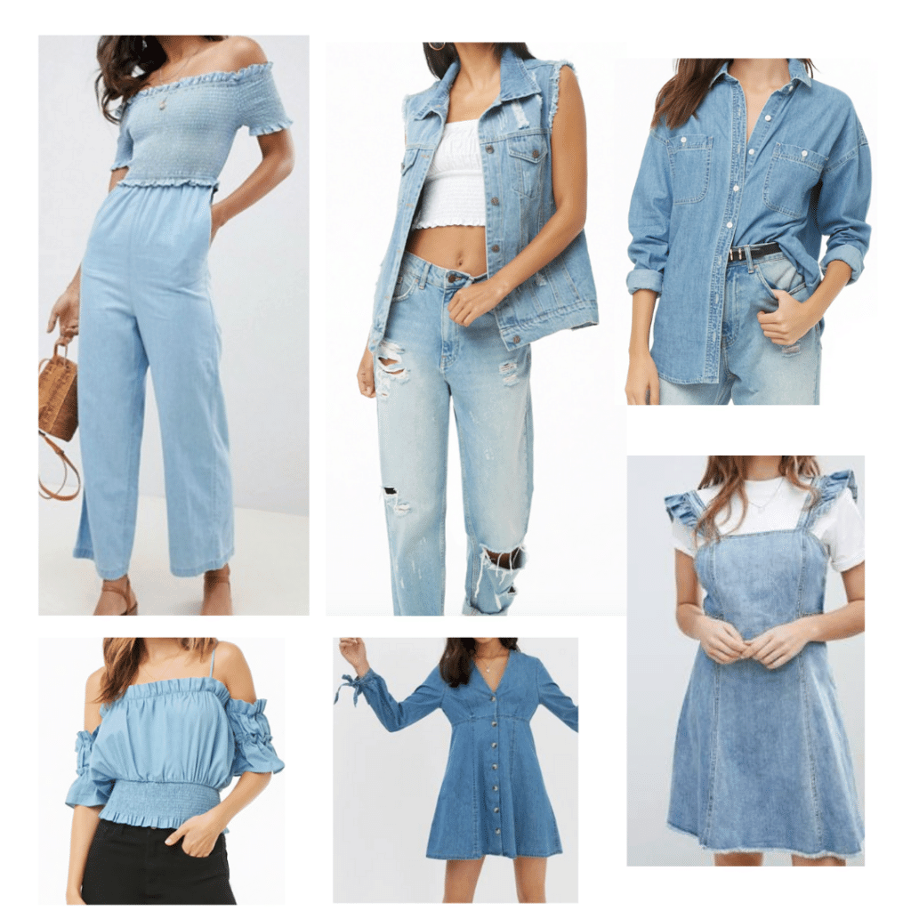 Denim Outfits: Denim Jumpsuit, Denim Off The Shoulder Top, Denim Vest, Denim dress, Denim Shirt, Denim Pinafore Dress