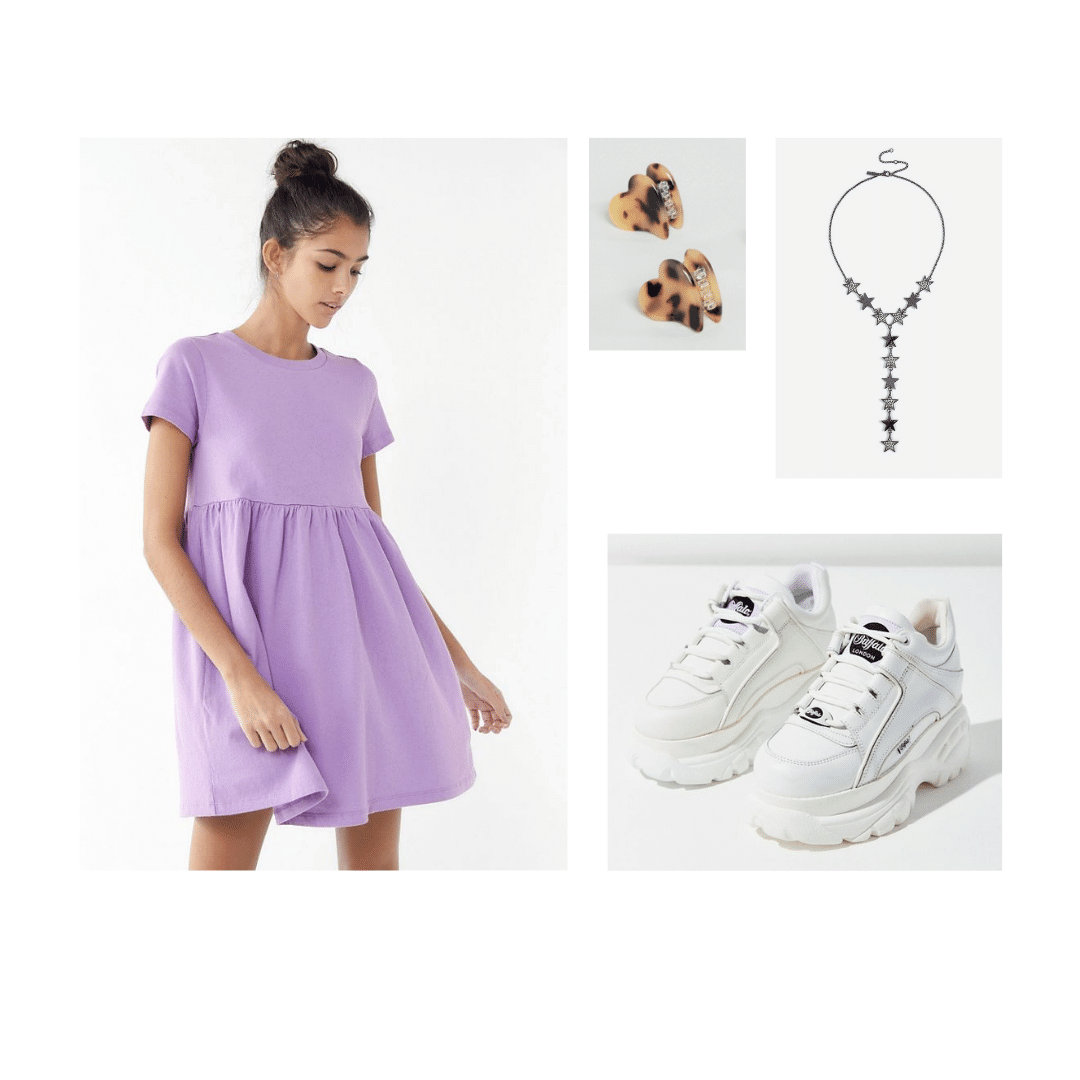1990s decades party outfit: Babydoll dress, platform sneakers, heart earrings, choker