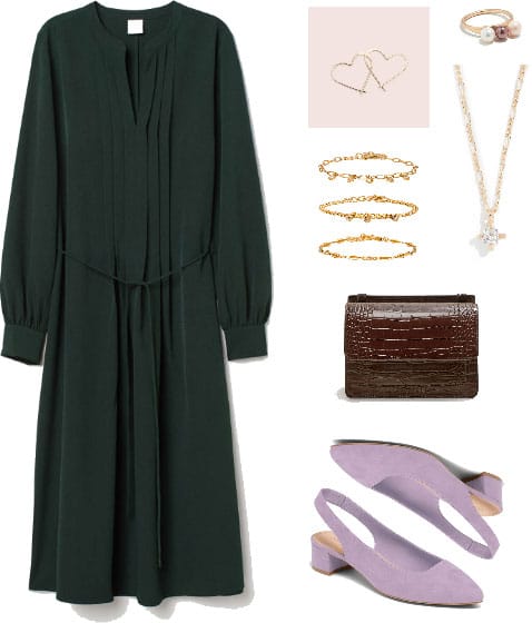 Valentine's Day outfit with green dress, gold jewelry, burgundy clutch bag, lavender heels