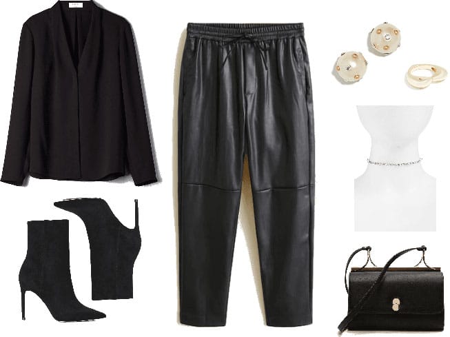 Valentine's Day outfit with black leather trousers, black blazer, black boots, black purse, choker and earrings