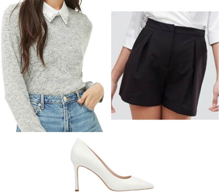 Veronica Lodge outfit for school with gray sweater, black shorts, white pumps