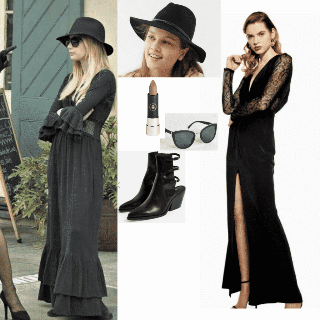 Madison Montgomery outfit with black maxi dress, black hat, and black ankle boots