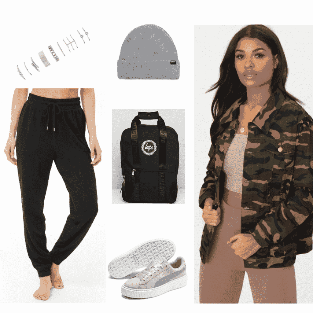 Suga BTS fashion - outfit inspired by Suga with black jogger pants, camo jacket, platform sneakers, backpack