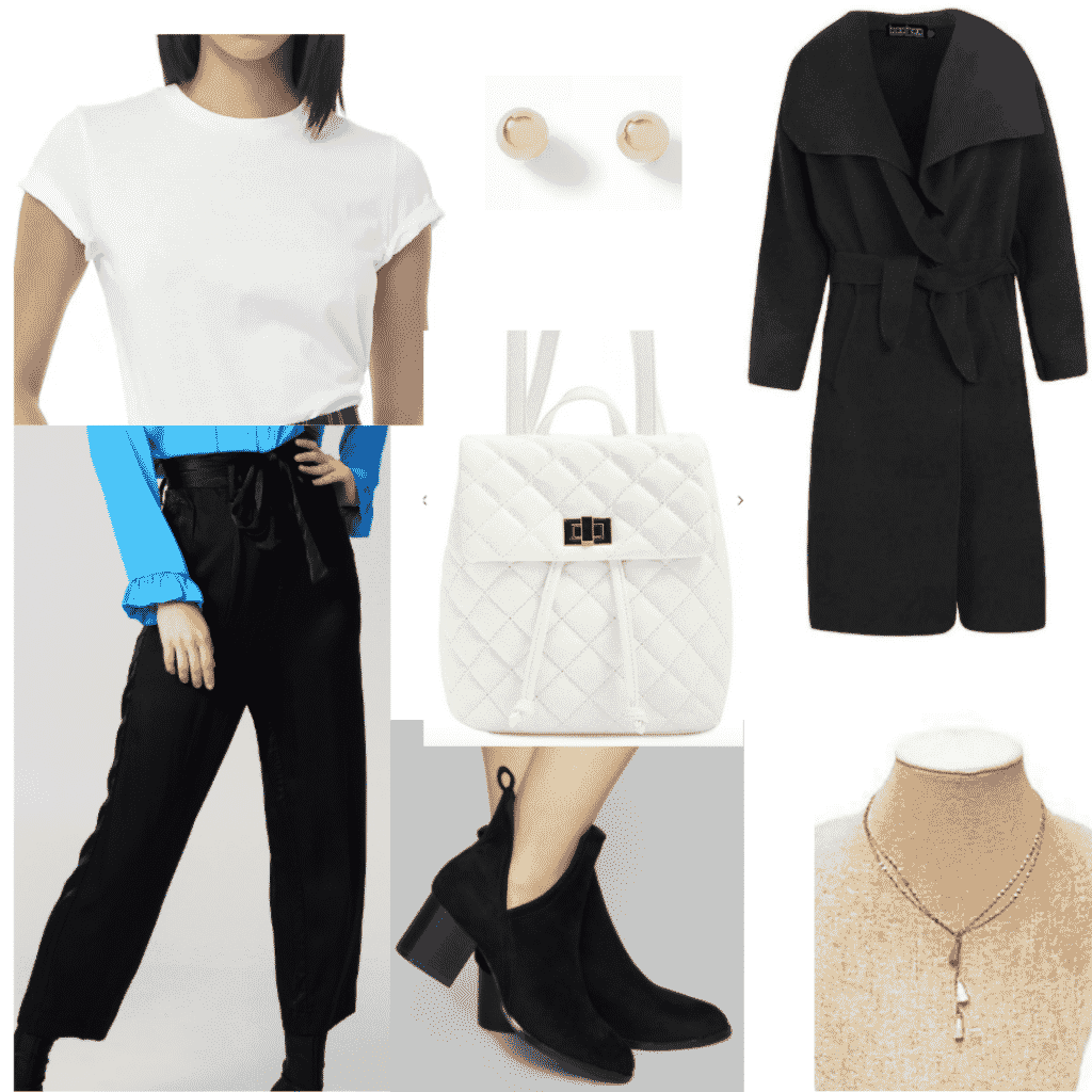 Satin pants outfit for class with black satin pants, white tee, ankle booties, black coat