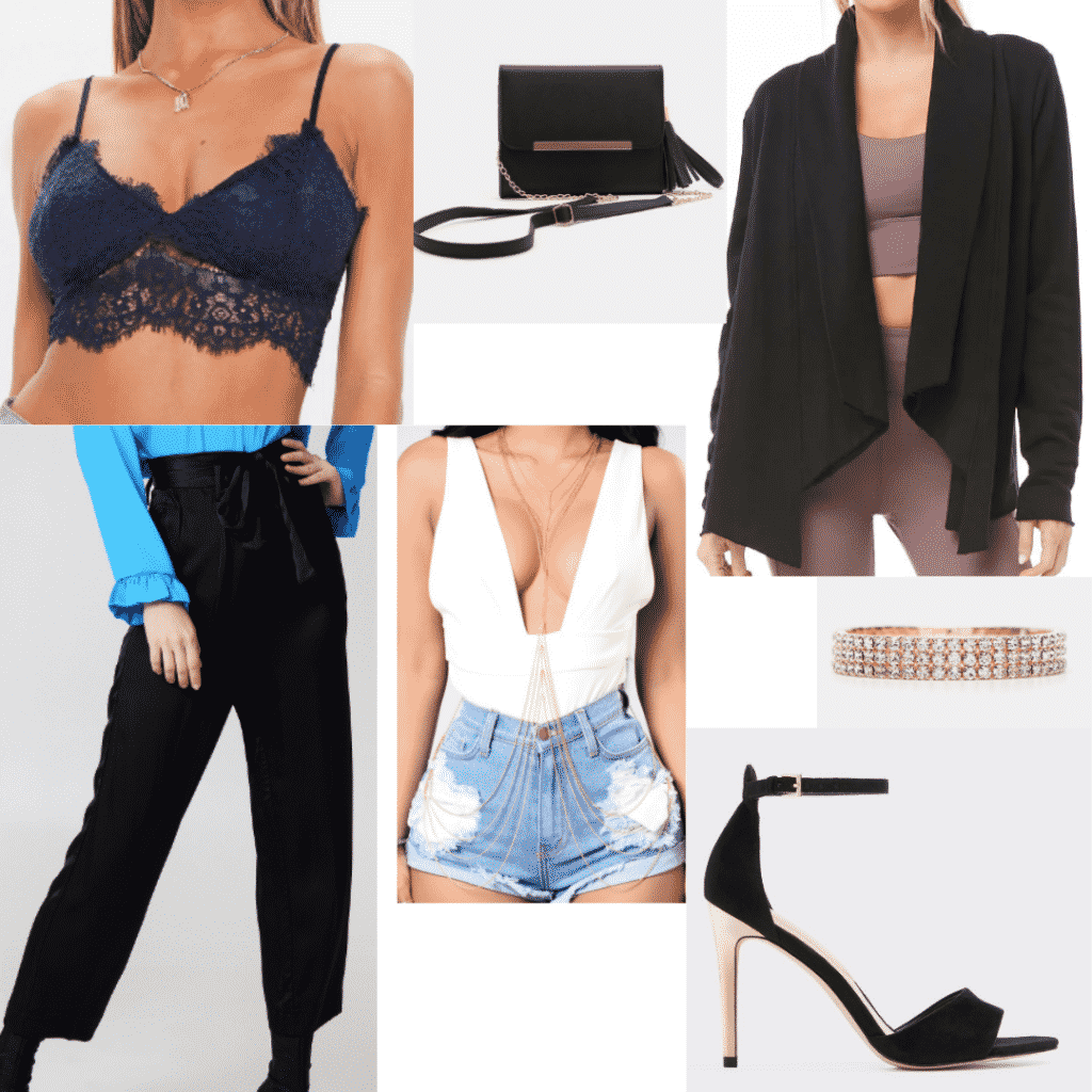 Satin pants outfit for night: Black satin pants, crop top, cardigan, heels