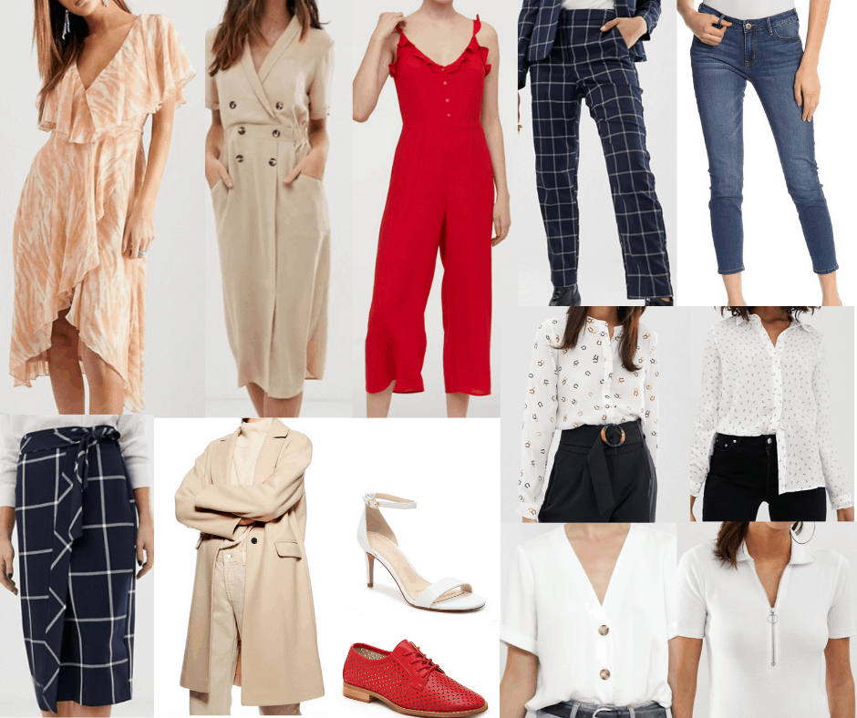 Amal Clooney wardrobe - capsule wardrobe inspired by Amal's style with dresses, jumpsuit, pants, button-down shirts, skirt, heels, oxfords, coat