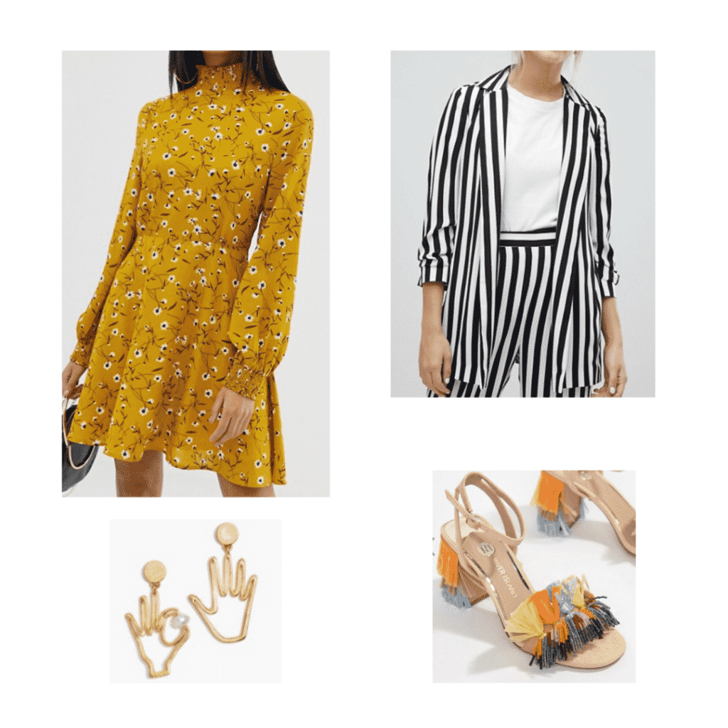 Aria Montgomery wardrobe: Outfit inspired by Aria with yellow dress, striped blazer, funky earrings