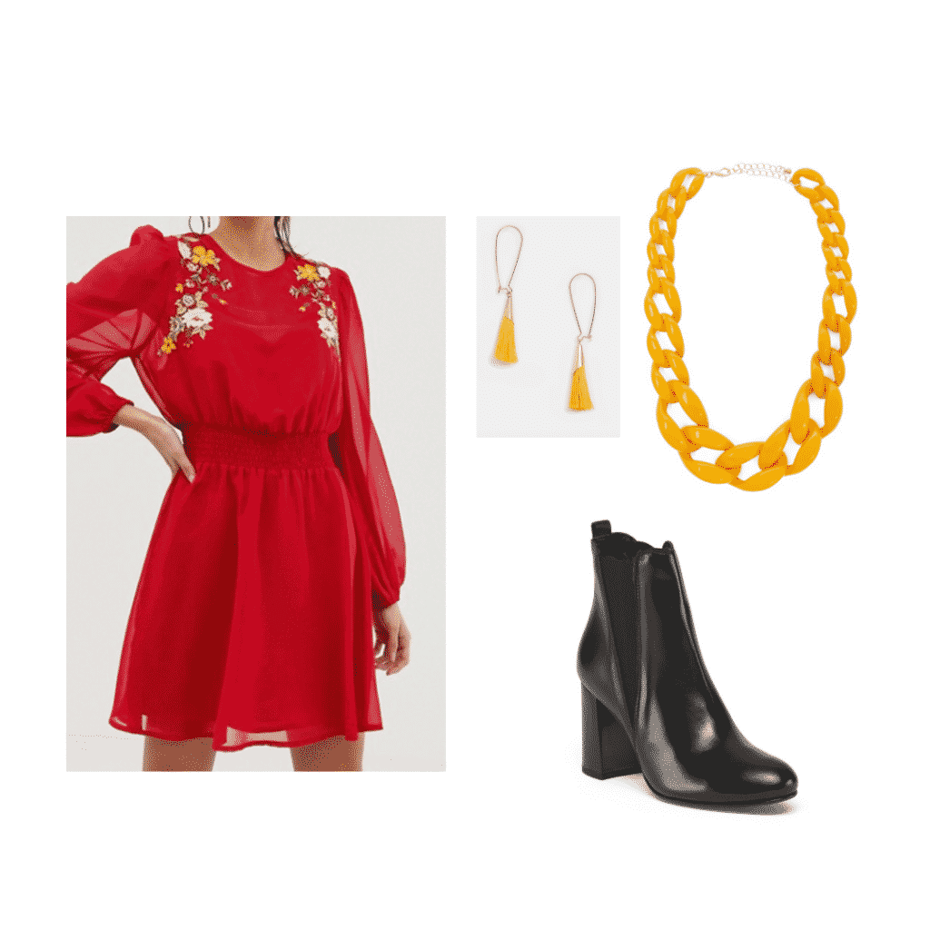 Aria Montgomery wardrobe: Outfit inspired by Aria with red dress, black boots, yellow jewelry