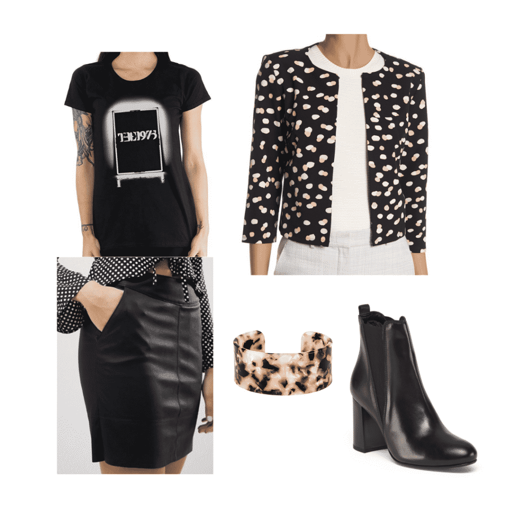 Aria Montgomery wardrobe: Outfit inspired by Aria with black skirt, printed blazer, graphic tee, boots