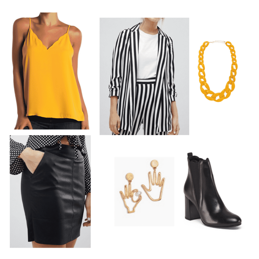 Aria Montgomery wardrobe: Outfit inspired by Aria's style with black leather skirt, black boots, striped blazer, yellow top