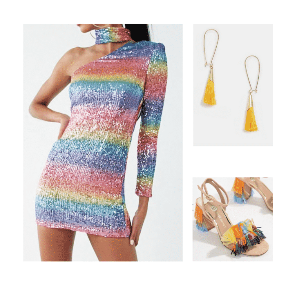 Aria Montgomery night out outfit with sequin dress, yellow earrings, funky heels