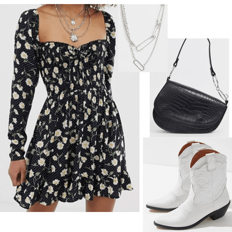 Cowboy boots and sundress outfit with white cowboy boots, floral print dress, saddle bag, and silver necklace