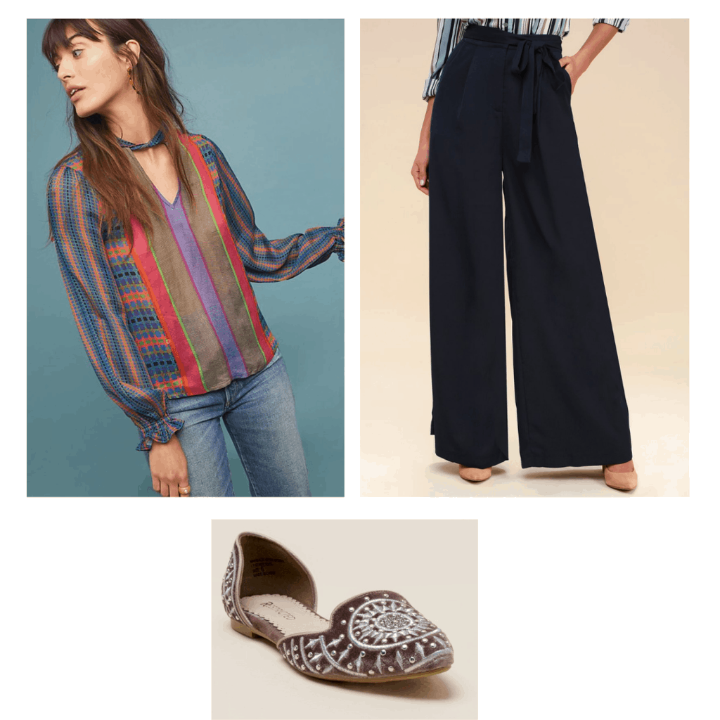 Cute bohemian outfit for work with colorful blouse, wide leg pants, embellished flats