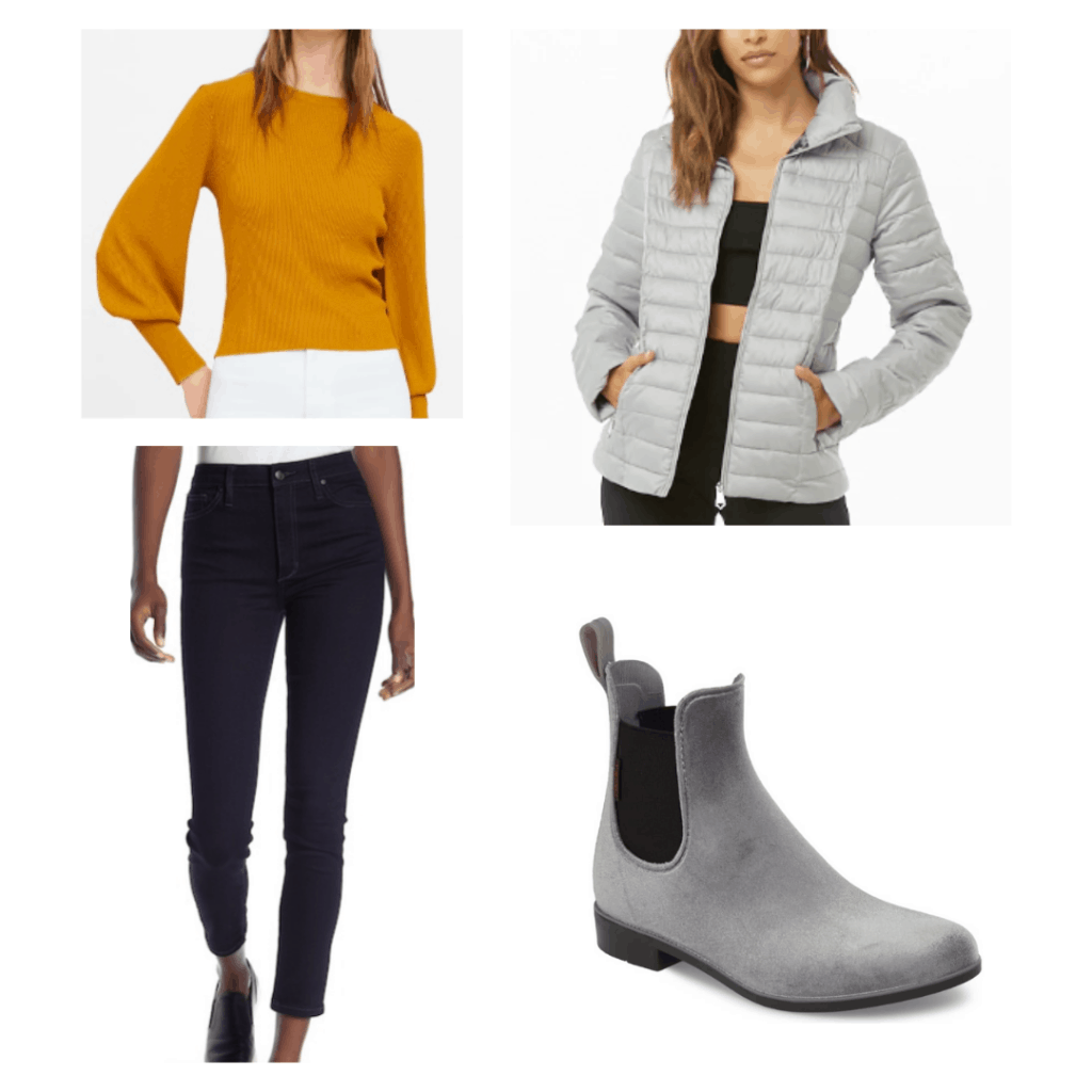 yellow puff sleeve sweater, gray puffer jacket, skinny jeans, gray waterproof booties