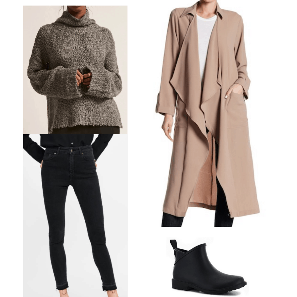 camel trench coat, waterproof booties, open knit sweater, classic black skinny jeans