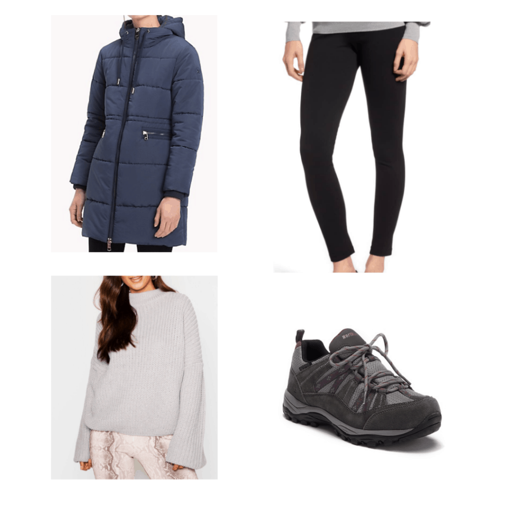 blue puffer coat, black leggings, white sweater, waterproof sneakers