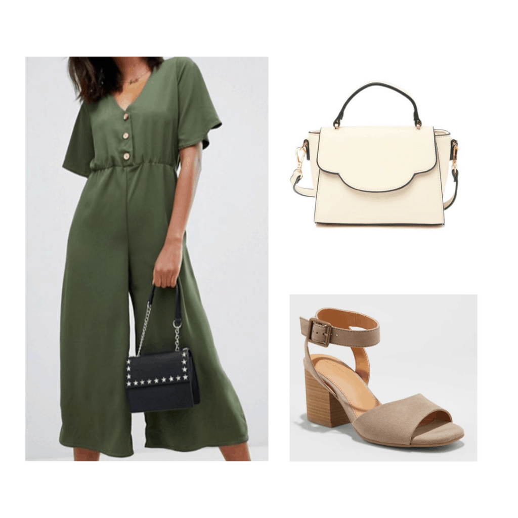 What to wear in Turkey - outfit for Istanbul with green jumpsuit, white top handle cross body bag, taupe heels