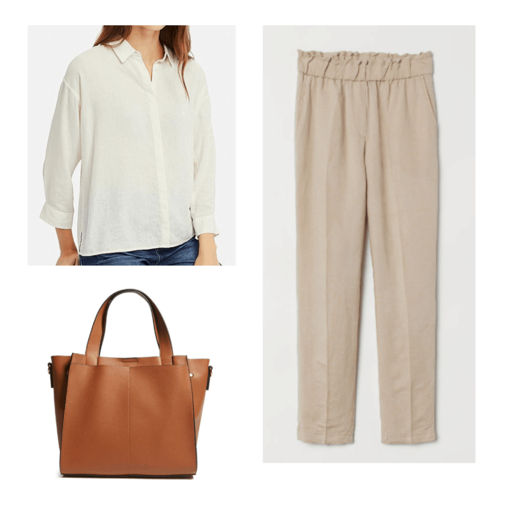 What to wear in Turkey - outfit with linen shirt, linen pants, rust top handle bag