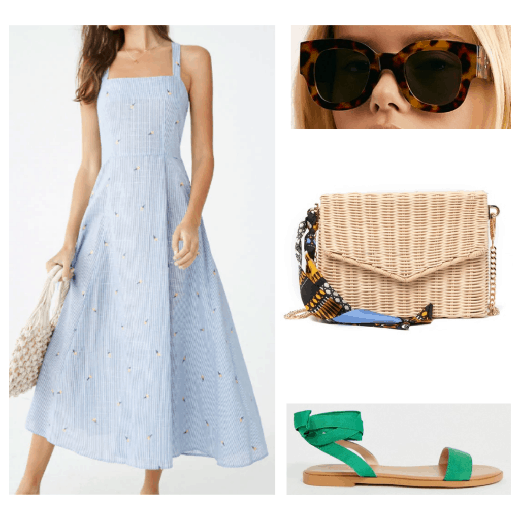 What to wear in Cappadocia - blue pinstripe dress, tortoise sunglasses, wicker purse, green tie sandals