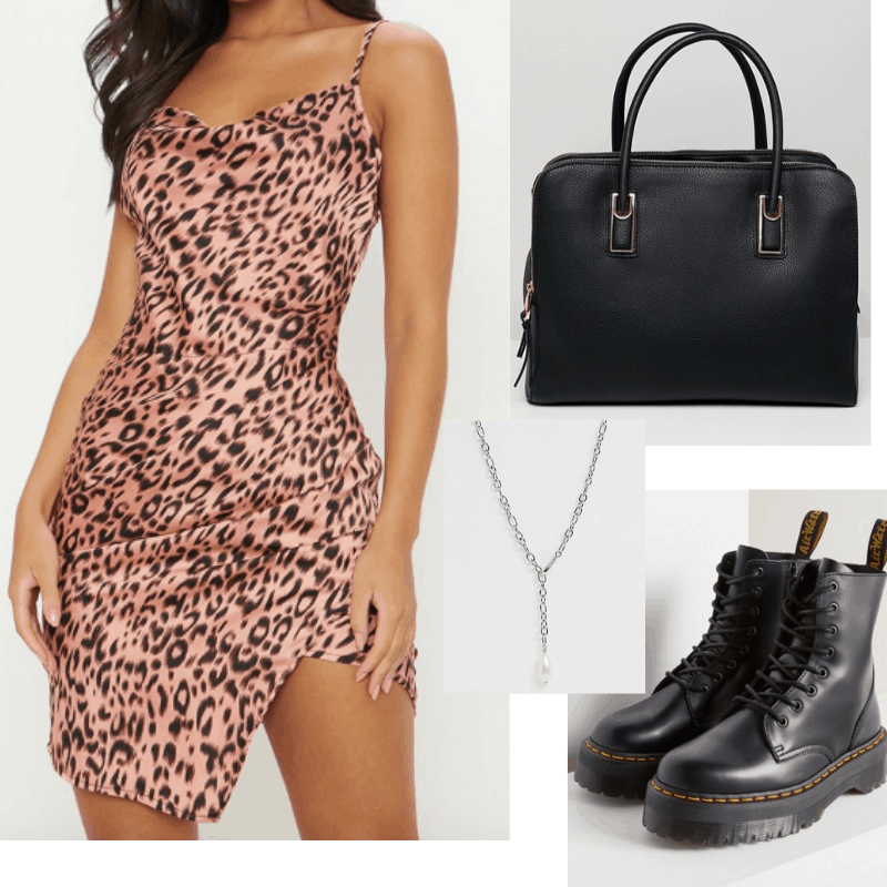 Sundress and boots outfit for spring: Cheetah print dress, platform boots, long necklace