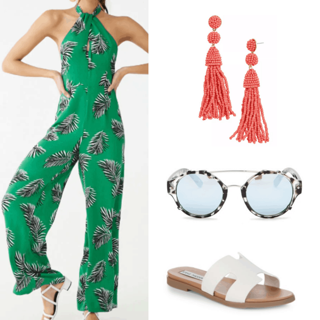 green leaf jumpsuit, coral earrings, tortoiseshell sunglasses, white sandals