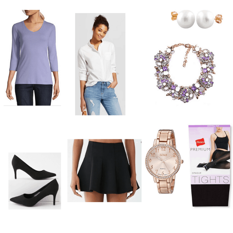 Classy mini skirt outfit with light purple t-shirt, white button-down, black mini skirt, black tights, black pumps, watch, pearl earrings, and purple statement necklace.