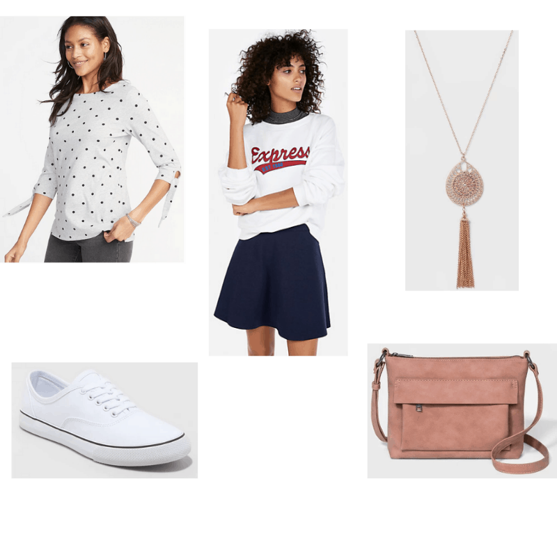 Comfy Day Date outfit with polka dot top, navy miniskirt, white sneakers, blush crossbody purse, and tassel pendant necklace.