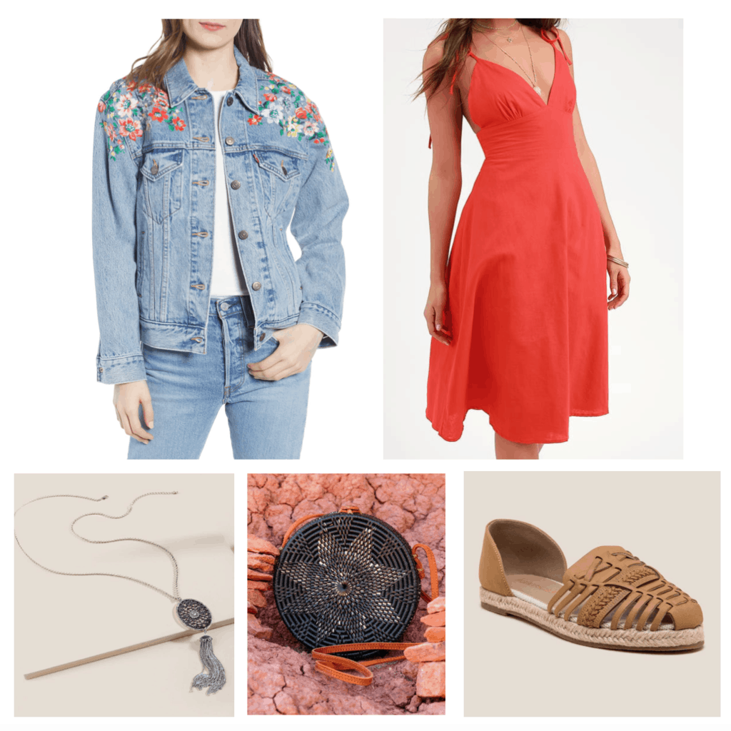 Boho outfits: Cute look for going out with red dress, circle purse, espadrille flats, floral denim jacket