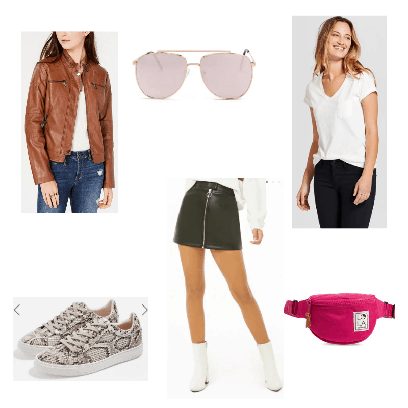 Edgy mini skirt outfit with brown leather jacket, white tee, black leather miniskirt, mirrored aviator sunglasses, snakeskin sneakers, and hot pink belt bag