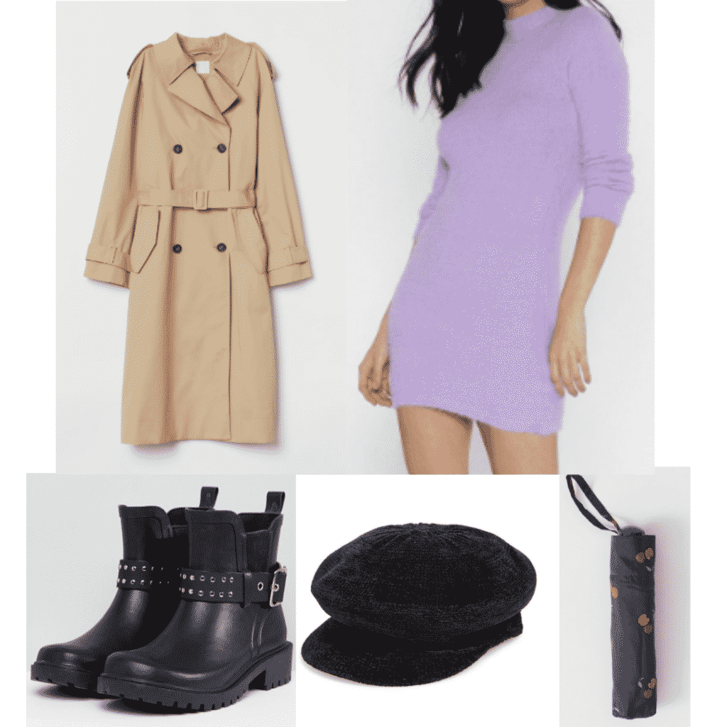 What to wear in England: classic tan trench coat, purple sweater dress, moto rain boots, black newsboy cap, cherry packable umbrella 