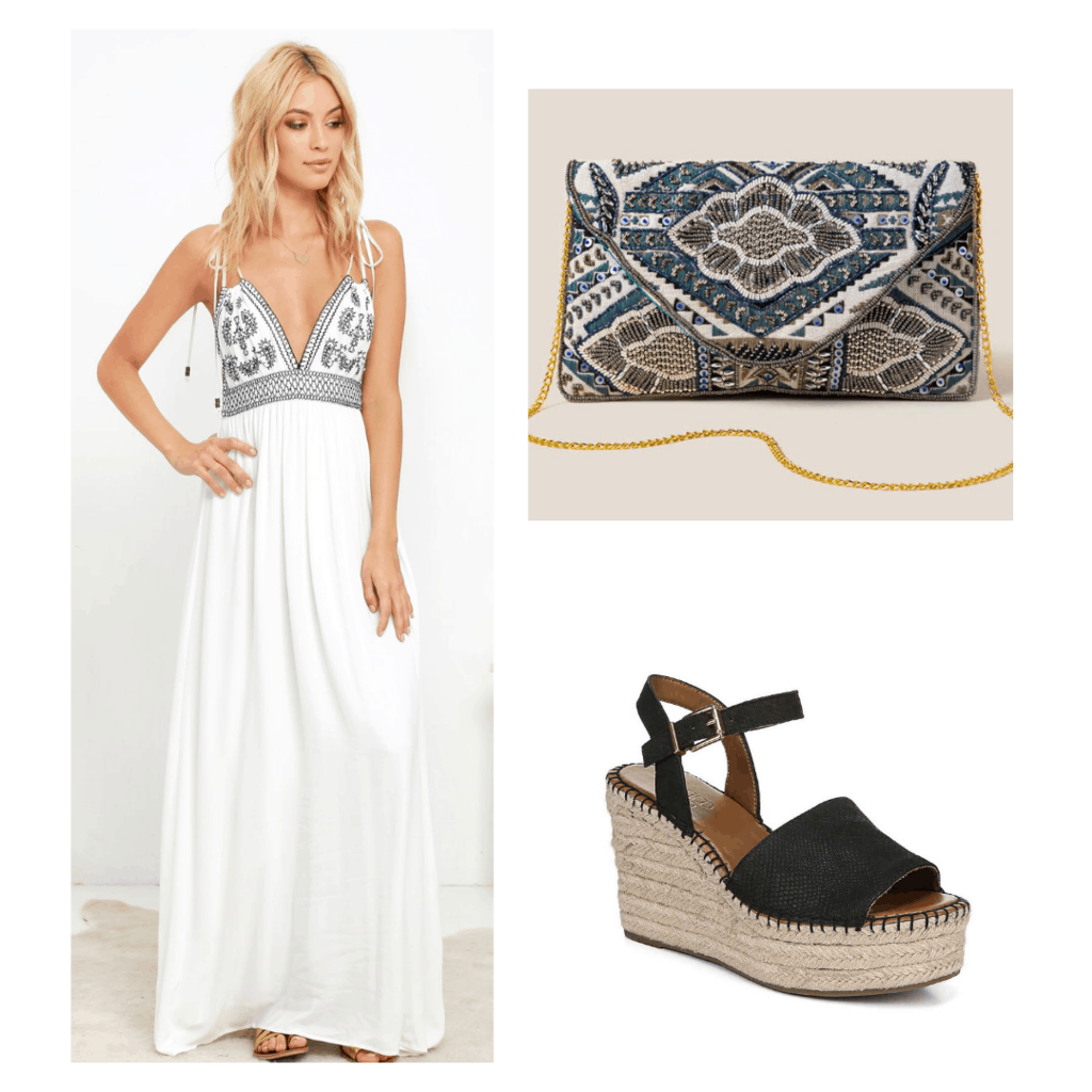 Boho outfit for a night out with white v-neck dress, platform espadrilles, patterned clutch bag