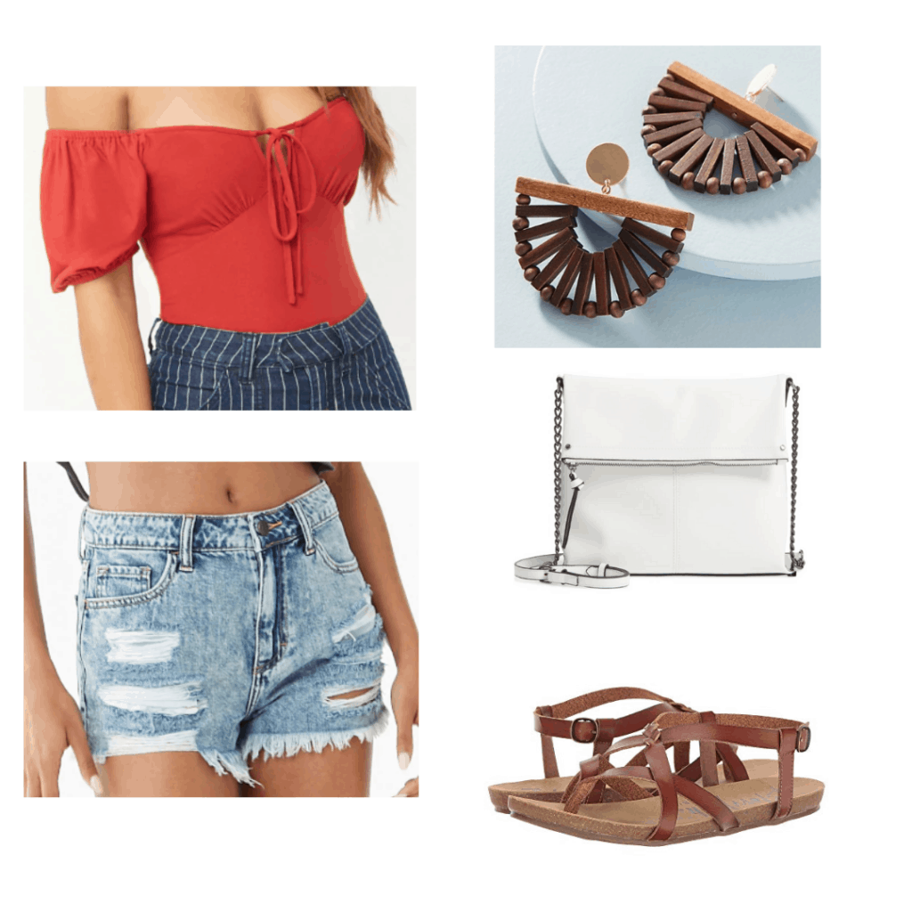 off the shoulder red top, wooden earrings, distressed denim shorts, white cross body bag, brown sandals