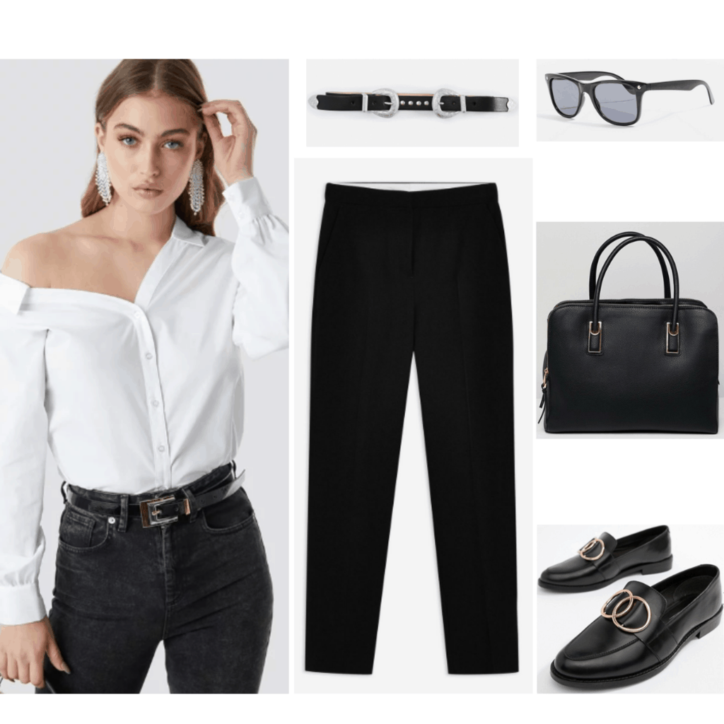 Jimin BTS fashion: Outfit inspired by Jimin's style with black pants, loafers, top handle purse, belt, wayfarer sunglasses