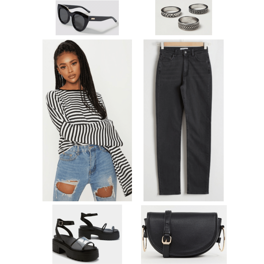 Jimin BTS fashion: Outfit inspired by Jimin's style with striped top, black pants, flatform sandals, saddle bag