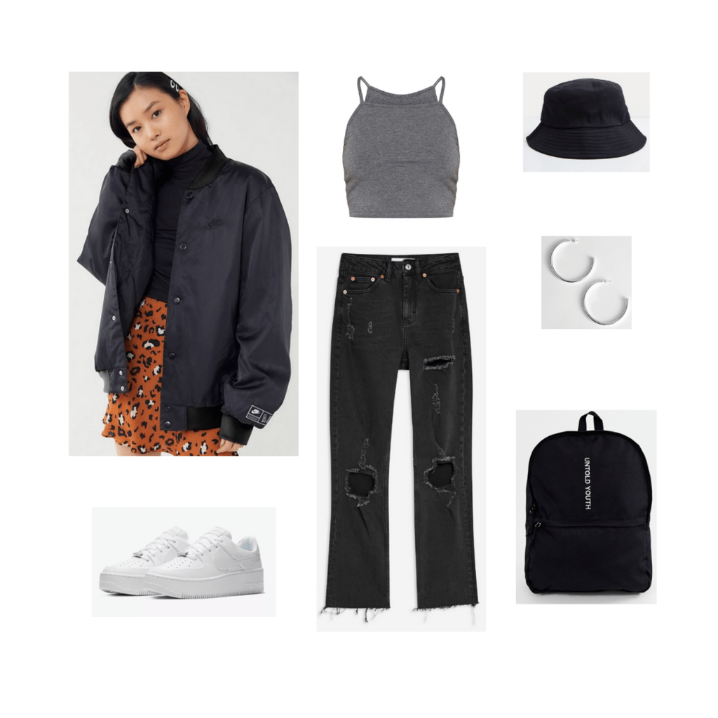 Jungkook BTS fashion: Outfit inspired by Jungkook with black bomber jacket, ripped jeans, crop top, bucket hat, platform sneakers